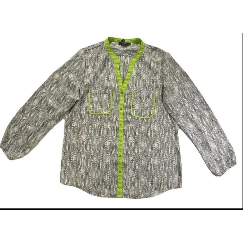 Alfani Womens Blouse Size 12 Snake Print Neon Lime Trim Button Front